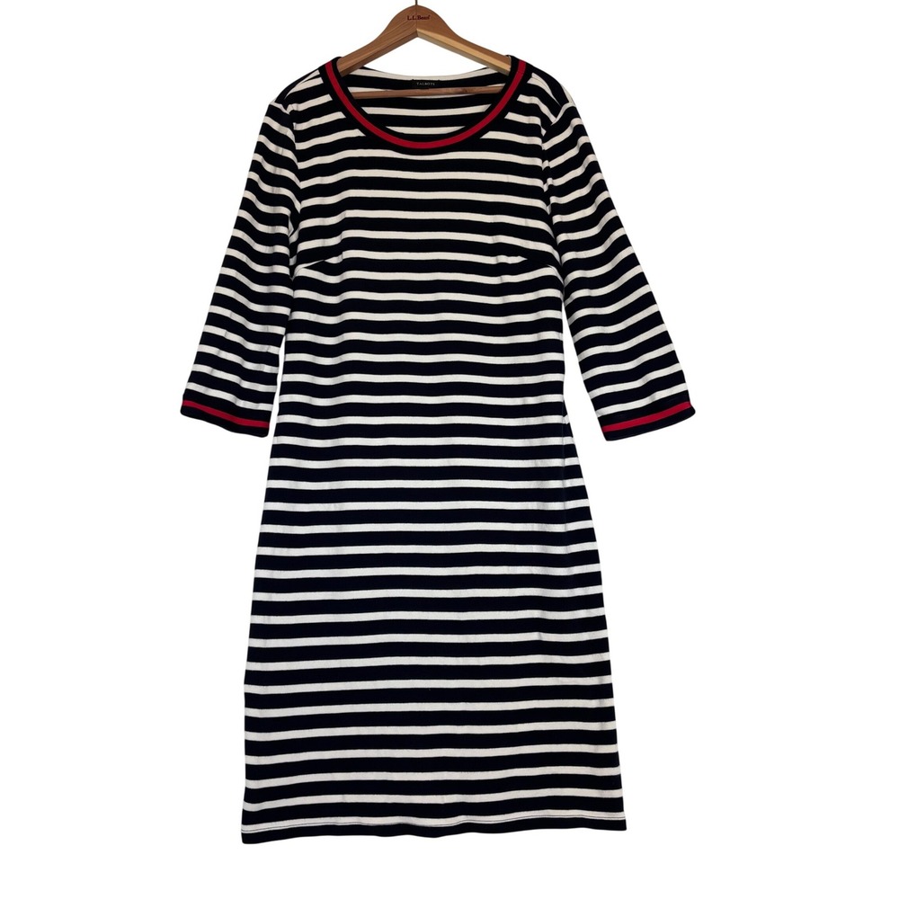 Talbots Womens Navy White Striped Cotton Knit Dress Red Trim L Preppy Nautical